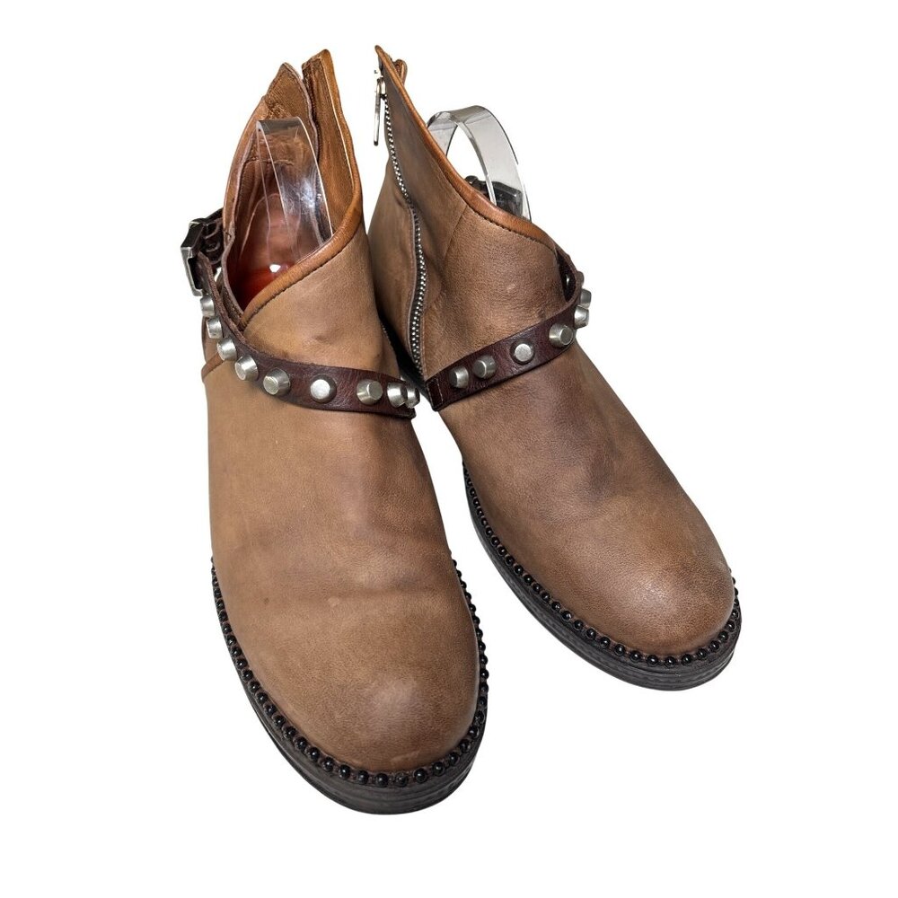 A.S. 98 Brown Leather Booties Boots Wrap Strap Studs Side‎ Zip Size 40 / 9-9.5